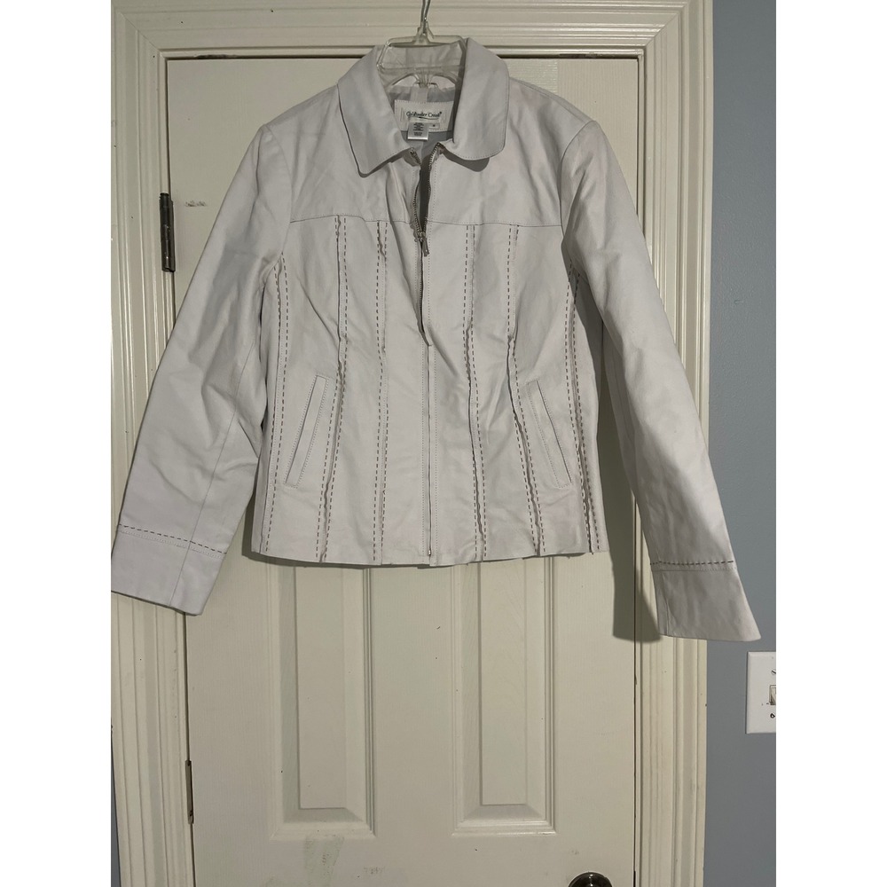 Coldwater Creek White Leather Zip Up Jacket Whipstitch Detail Womens Medium
